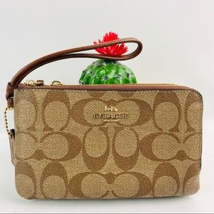 Coach Double Zip Brown Monogram Wristlet Wallet
